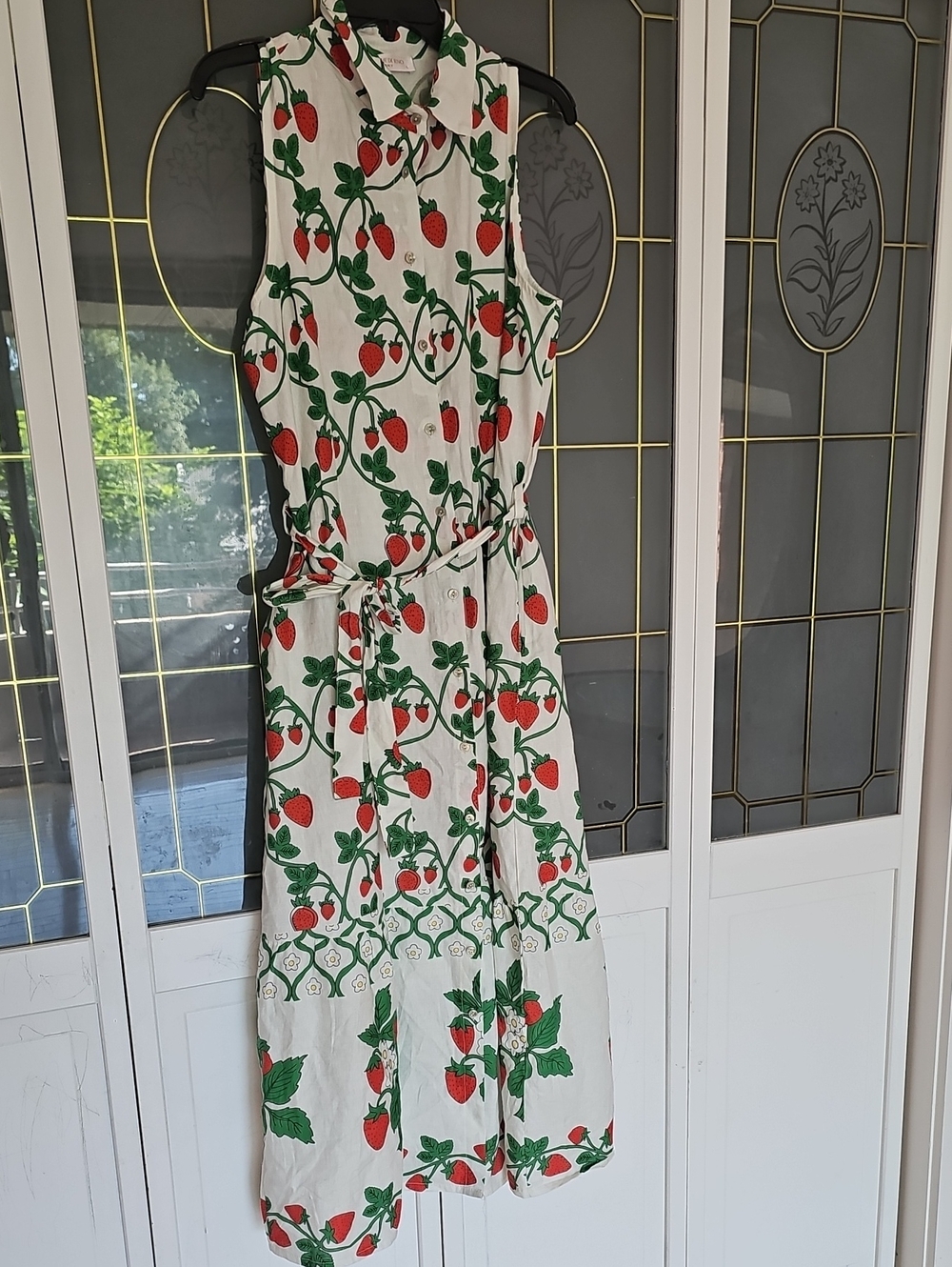 Sleeveless Strawberry Print Shirt Dress - White with Red & Green